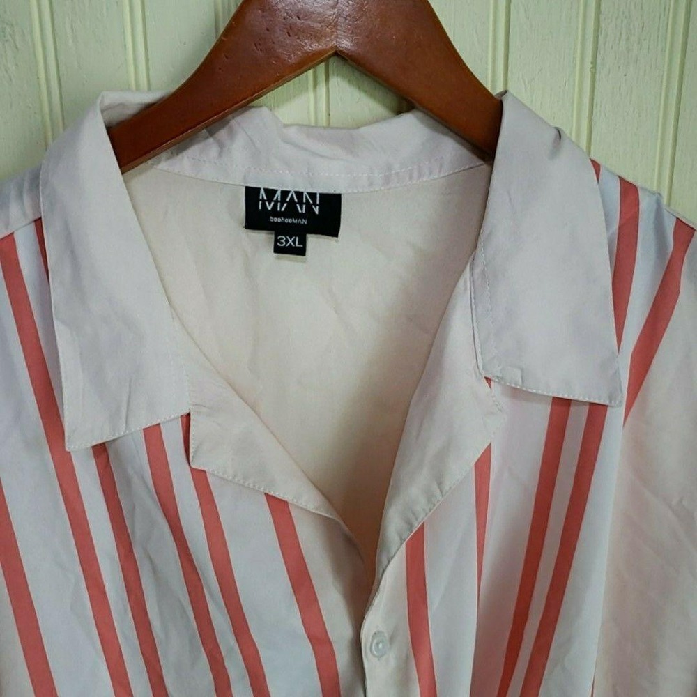 BoohooMAN Shirt Mens 3XL Pink Vertical Stripe Short Sleeve Button Up Casual